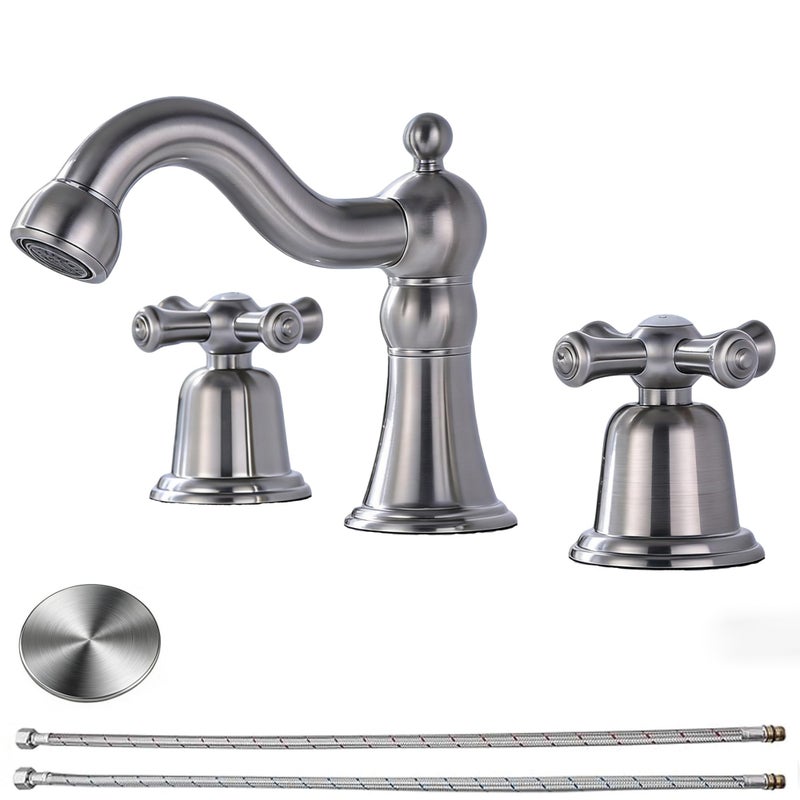 RKF Bathroom Faucets for Sink 3 Hole Brushed Nickel 8 inch Widespread Bathroom Sink Faucet with Drain 2 Handles Cross Knobs Faucet Bathroom Vanity Faucet Basin Mixer Tap CWF033-GBN - Image 1